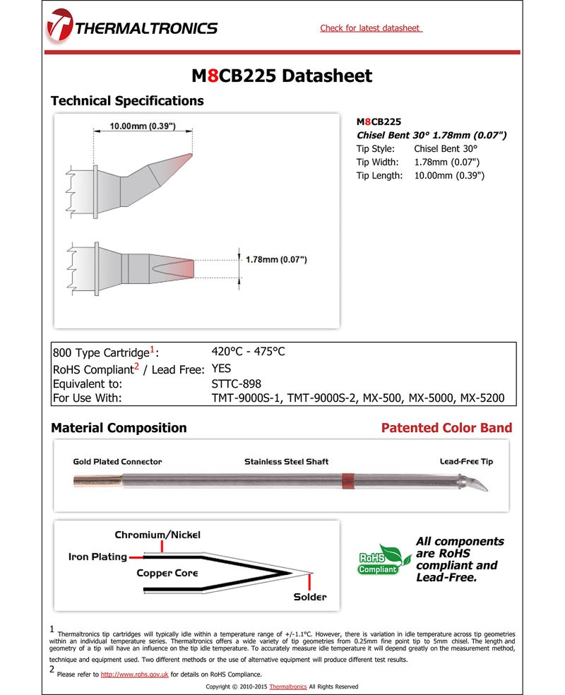 Thermaltronics M8CB225 Chisel Bent 30deg 1.78mm (0.07in) interchangeable for Metcal STTC-898